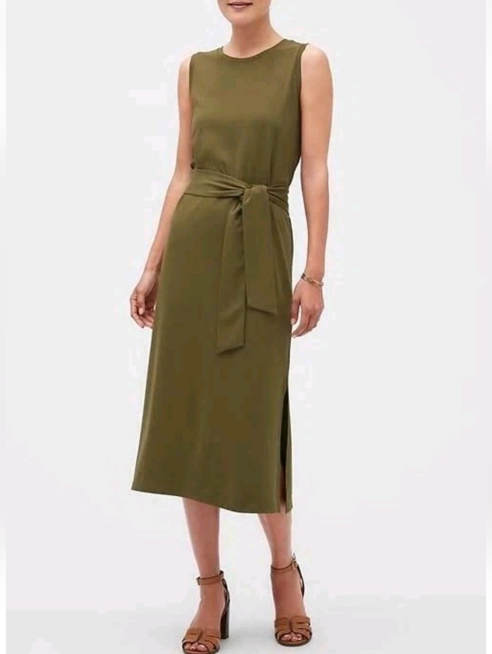 Banana Republic Tie Waist Column Midi Dress Green Sleeveless Minimalist Rayon S